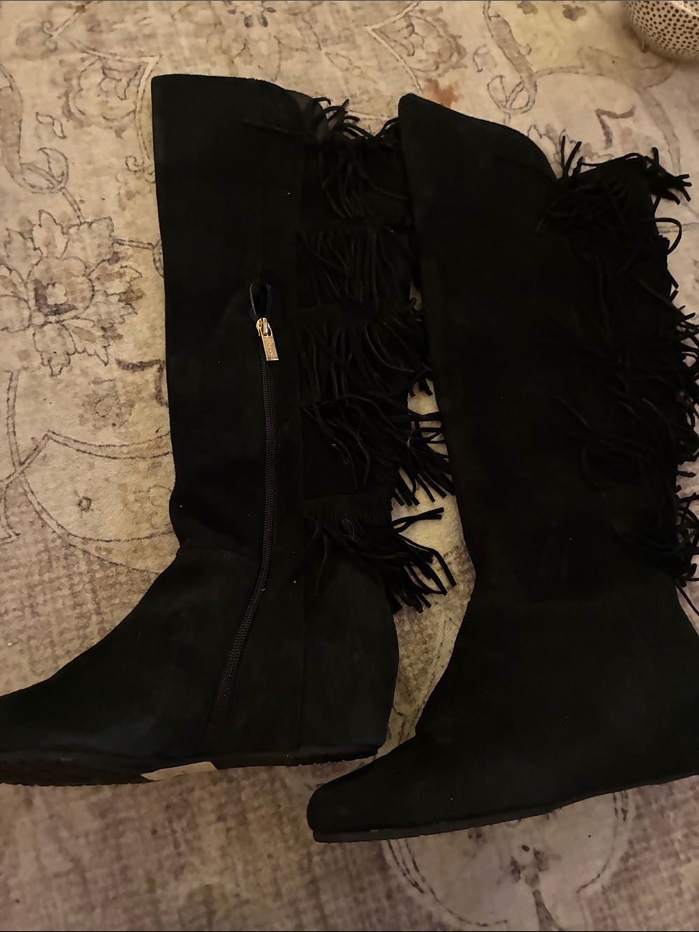 Isola Tamara Black Suede Over-the-Knee Fringe Hidden Wedge Boots Hippie Boho 8M